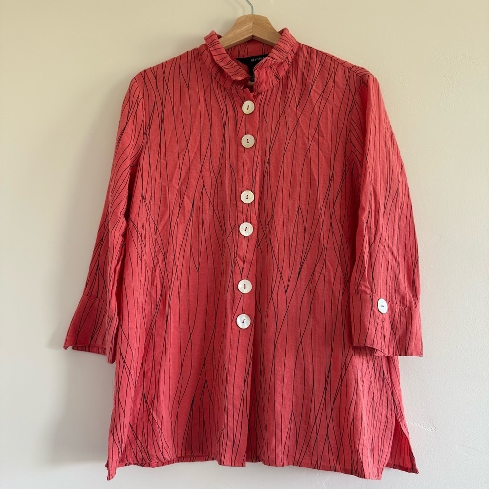 Ali Miles Coral Blouse with Black Stripes button up classic women size S